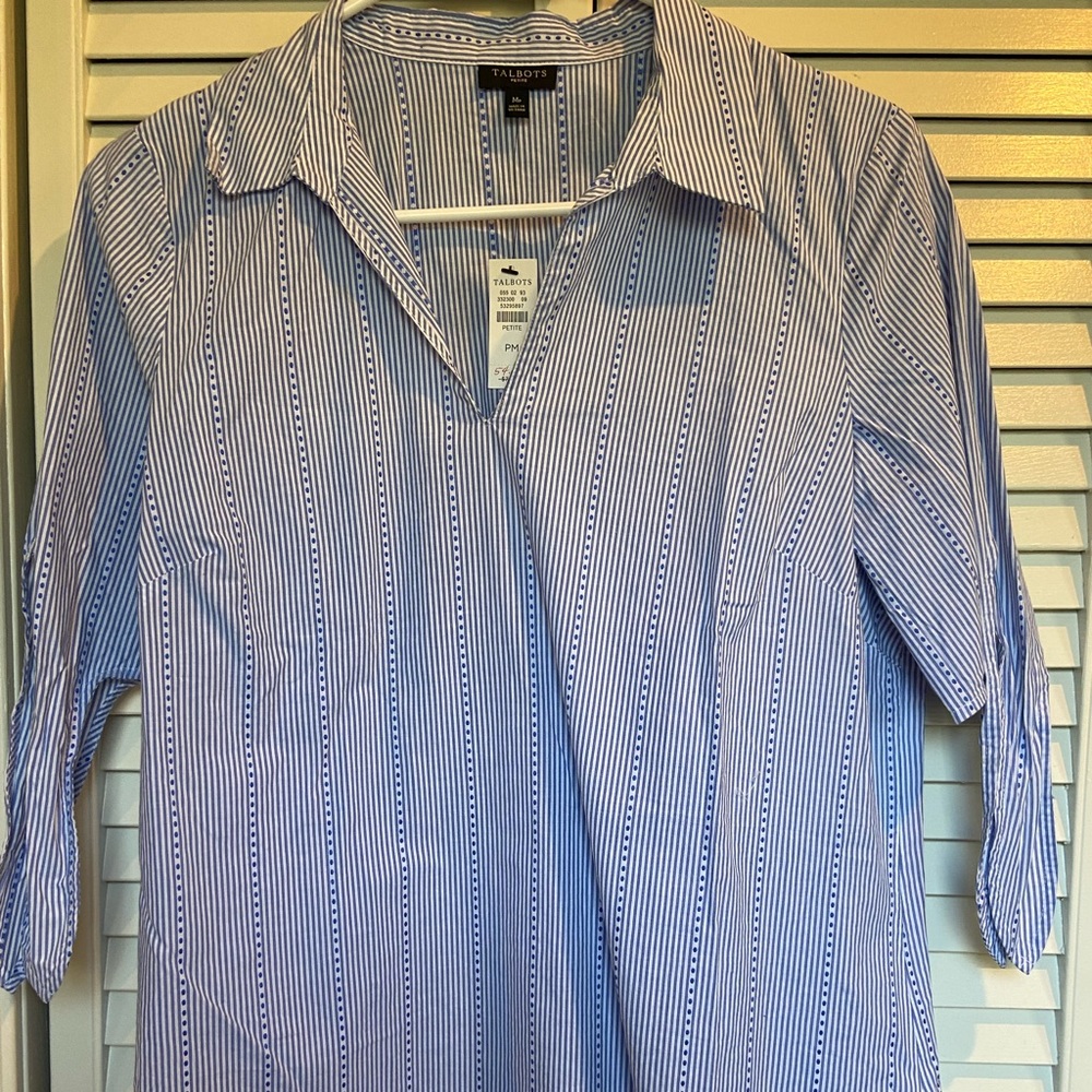 TALBOTS petite blouse. NWT. Blue striped. Tie sleeves.